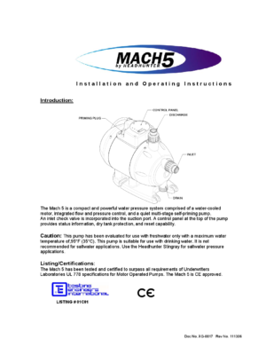 Fresh Water Pump 110V HEADHUNTER Mach 5 Installation Instructions